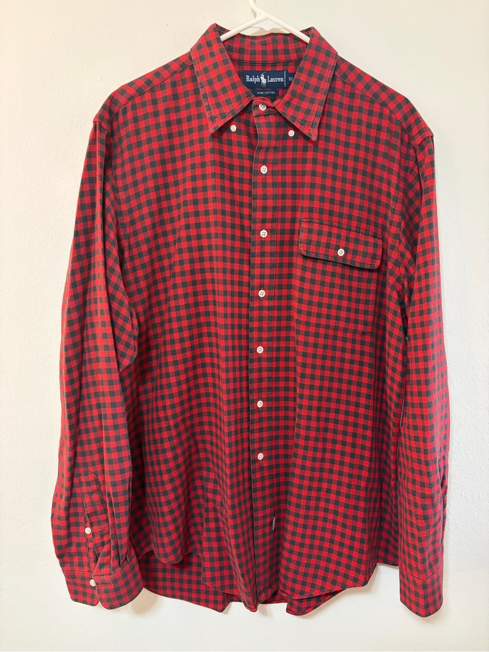 Ralph Lauren Red Black Gingham Plaid Button Up Shirt XL Vintage Style